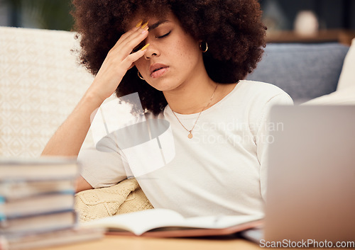 Image of Headache, mental health or student woman on laptop with depression, stress or anxiety thinking of college, school or university scholarship. Sad, frustrated or girl for burnout or education deadline