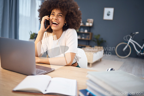 Image of Laughing black woman, phone call or laptop in home office networking collaboration, customer rapport or b2b sales deal. Smile, happy or afro creative designer with marketing technology in remote work