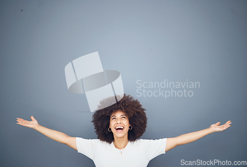 Image of Happy black woman with arms open on studio background mockup and advertising or product placement. Smile on face, welcome and fun, afro woman exited for announcement or small business discount sale.