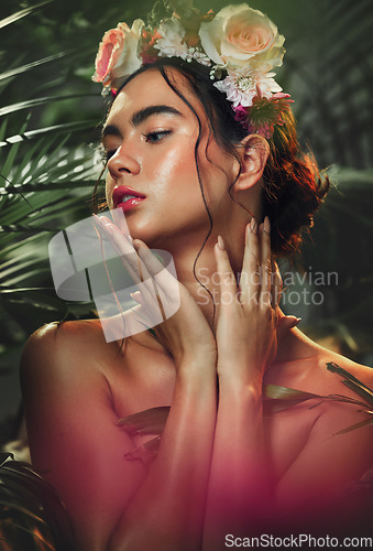 Image of Flowers, skincare and woman with rose crown in studio for beauty, makeup and wellness with leaf, nature and plant. Flower, girl and model in jungle for facial, skin and cleaning, floral and aesthetic