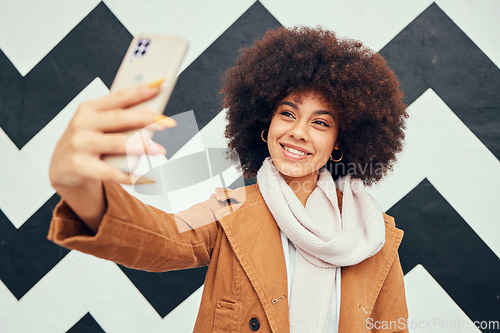 Image of Black woman, selfie and smartphone for social media post online or content creation influencer. Young girl, smile and happy for mobile phone photograph or 5g video call in abstract background