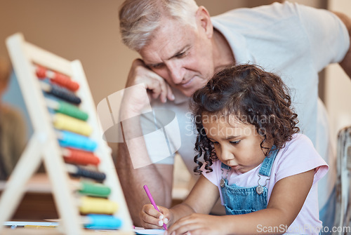 Image of child, learning and father teaching with abacus together for development. Elderly man, grandparent or teacher with young student girl writing in book for education or study skills activity at home