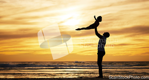 Image of Family, silhouette and sunset by beach with dad lifting child in air to fly while on vacation in summer with love, care and support outdoor. Man and kid playing airplane while on holiday by sea