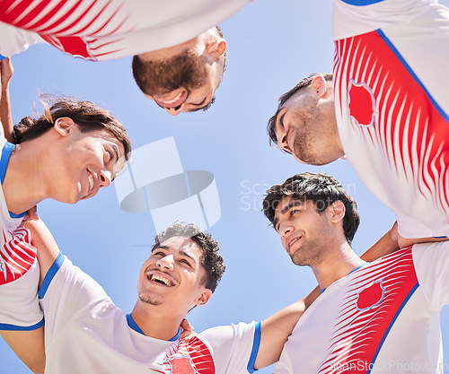 Image of Soccer, team and huddle for strategy game plan in sports fitness, collaboration or goals in the outdoors. Happy football players in teamwork, meeting or discussion for planning, unity and cooperation