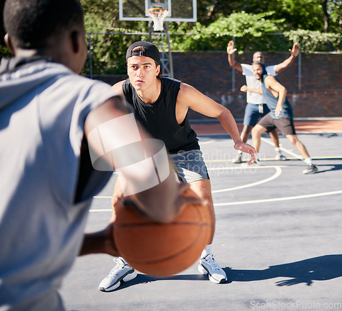 Image of Basketball, team and men playing sport in a competition, training or exercise players with talent, skill and fitness. Sports people in a competitive practice match on an outdoor court using teamwork