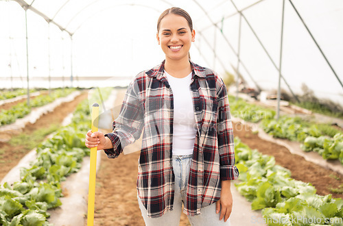 Image of Farm, portrait and farming woman ready to harvest in garden for produce and agriculture in a greenhouse. Agro, horticulture and gardener female agronomist ready for environmental cultivation of plant