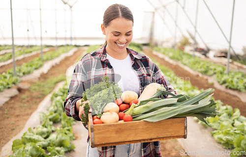 Image of Vegetables, greenhouse and woman farmer smile, sustainable farming and happy with healthy produce. Agriculture, female and happiness for nutrition diet, natural organic food and eco friendly harvest.