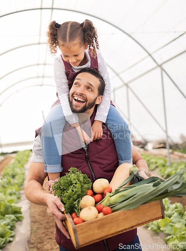 Image of Greenhouse, father and piggy back of girl while holding farm basket or fresh plant product after harvest. Family, care and dad carrying kid, bonding or farming in nursery, agro garden or conservatory