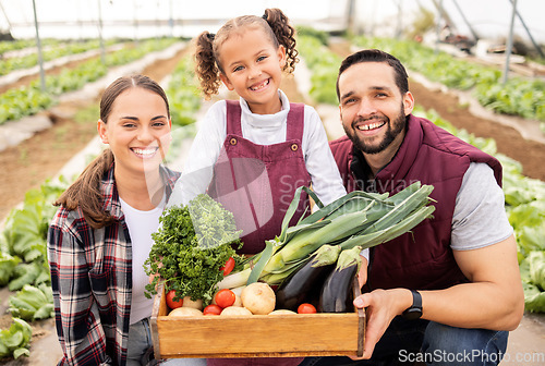 Image of Family, farming and greenhouse portrait with vegetable container for carbon capture business together. Agriculture, mother and father with happy child in eco, sustainability and food garden.