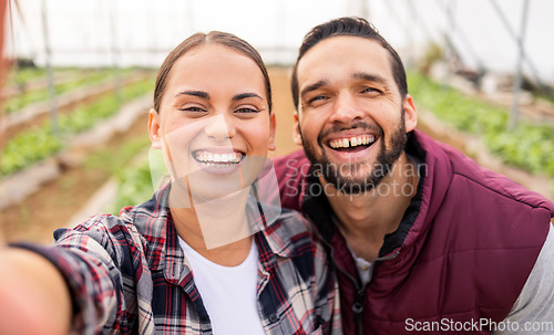 Image of Farming, agriculture and selfie of couple on farm, smiling and happy from success. Nature, sustainability and portrait of man and woman in greenhouse after checking vegetables, crops and harvest