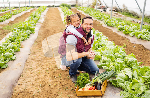 Image of Child, father or farmer farming vegetables in a natural garden or agriculture environment for a healthy diet. Smile, dad and happy girl love gardening and planting organic food for sustainability