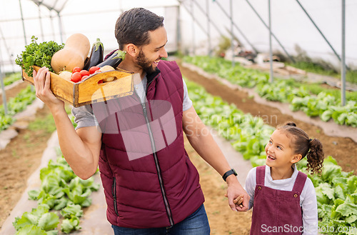 Image of Agriculture, food and father and girl on farm for health, sustainability and family environment. Plant, growth and summer with dad and child farmer with box of vegetables for agro, garden and nature