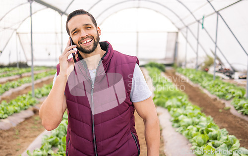 Image of Greenhouse, phone call and man on agriculture farm talking, discussion or harvest conversation. Agro, small business and male farmer from Canada on 5g mobile speaking about crops or growth of plants.