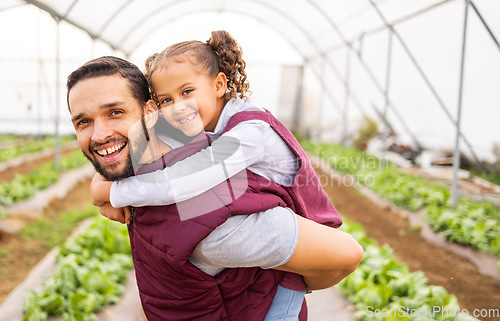 Image of Greenhouse farmer, dad with girl and happy smile of girl getting piggyback ride from father in an organic farm for sustainable crop growth. Healthy food produce, natural crops and modern agriculture