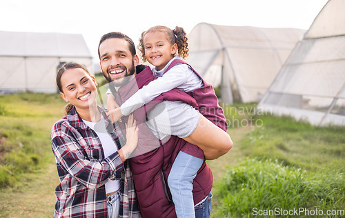 Image of Farm, family and bonding portrait for farming, agriculture and love with a father giving his daughter a piggy back. Agro, horticulture and loving parents and child on sustainable garden for harvest