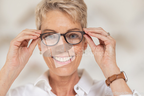 Image of Mature woman, face and vision glasses in fashion or style eye care for healthcare insurance, medical wellness or glaucoma support. Smile portrait, happy person and optometry prescription eyes lenses