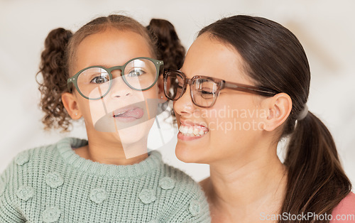 Image of Family, glasses and happiness with mother and child happy with optics, eye care and lens frame choice for vision, focus and eyesight. Portrait of woman and comic girl with tongue for optical decision