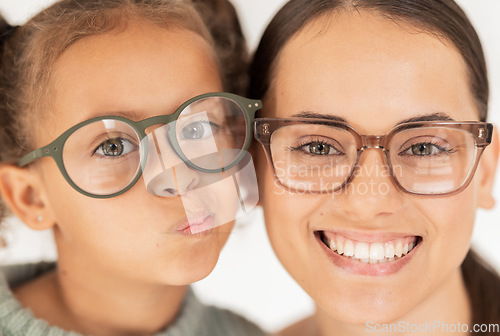 Image of Family, optometry and eye care with glasses for mother and child together for vision, focus and eyesight with lens frame mockup. Portrait and face of woman and girl together for ocular health