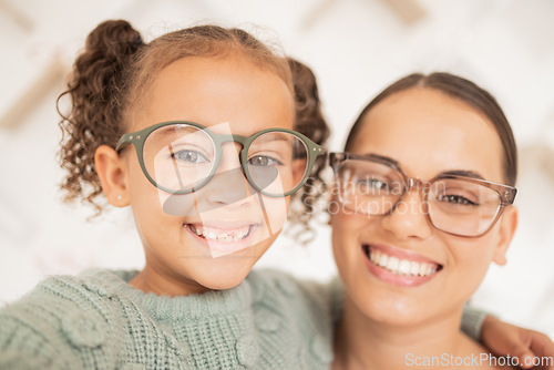 Image of Woman with glasses, eye care for child and frame lens with happy girl face or optician vision for sight. Family portrait with mother, advertising optometrist spectacles deal and eyes looking together