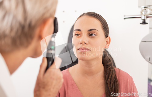 Image of Vision eye exam, patient or woman with optometrist for glaucoma test, ocular healthcare support or medical consultation. Eye care, eyesight or ophthalmology expert with ophthalmoscope to check retina