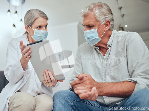 Image of Tablet, face mask and doctor with senior patient speaking about test results during health consultation. Medical, mobile and healthcare worker consulting elderly man with covid at clinic in Australia