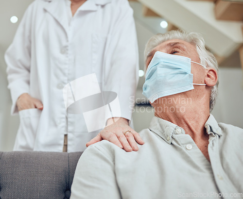 Image of Covid, retirement and assisted living with a man in a mask and doctor during a home visit appointment. Health, medical and insurance with a senior male patient and caregiver during the corona virus