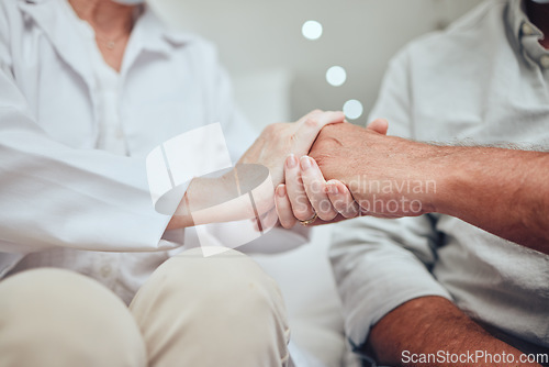 Image of Hands, support and marriage counseling with a couple in therapy to work on problems or issues together. Psychology, mental health and relationship with a man and woman in session with a professional