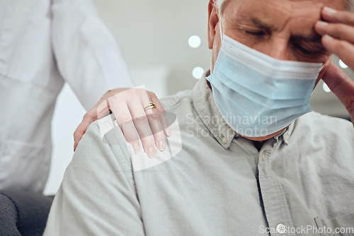 Image of Anxiety, stress and covid mask of an elderly man with a helping hand from a woman. Senior person feeling worried and sad about coronavirus, grief or mental health with female support and care