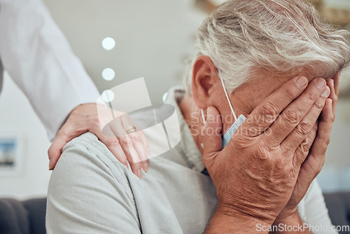 Image of Man hands, covid face mask or sad in nursing home, house or hospital and bad news, cancer test results or anxiety. Doctor, psychologist or counseling therapist and crying covid 19 retirement senior