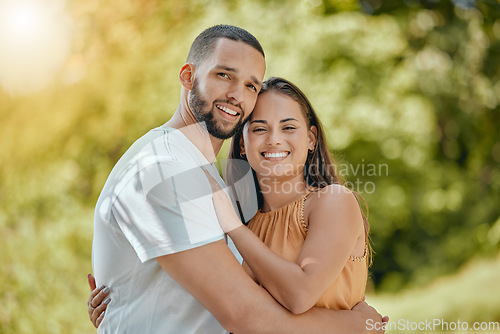 Image of Happy couple hug, love and care in park, garden and nature for easy lifestyle, romantic date and free time together outdoors. Portrait of smile man, relax woman and young people in summer backyard