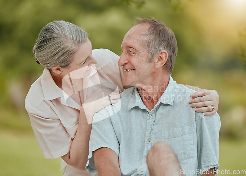 Image of Senior, couple and smile of retirement, love and care in nature together feeling happy. Elderly marriage of a wife and man smile with happiness and quality time outdoor for commitment anniversary