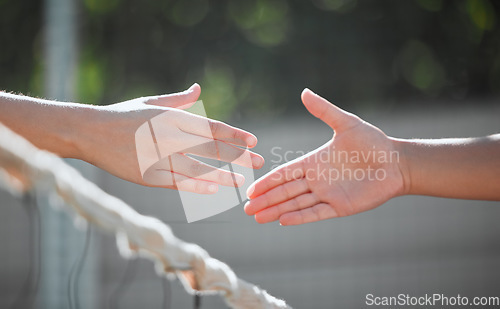 Image of Tennis, shaking hands and sports court competition, challenge and welcome to start outdoor team games. Badminton training, handshake and collaboration, motivation and partnership for meeting athlete