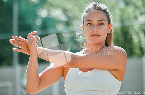 Image of Portrait of woman, stretching hands and training for lifestyle fitness motivation in park. Young athlete girl, vision wellness and healthy body exercise or cardio muscle warm up in nature outdoors