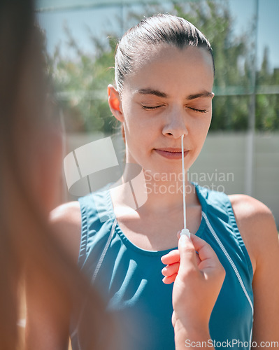 Image of Sports woman, covid or pcr test on court for fitness compliance, workout or training law for international competition. Athlete, covid 19 or cotton swab nose testing for badminton exercise compliance