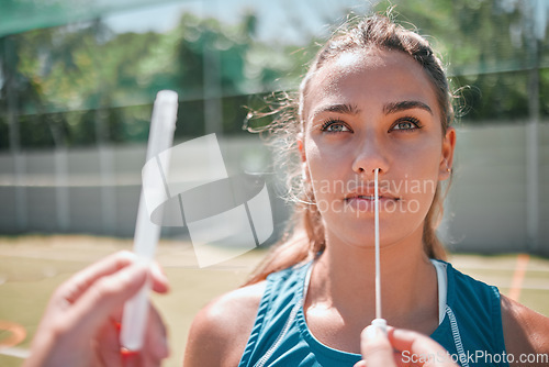 Image of Pcr test, covid and fitness woman on sports court for international law compliance check in game, match or competition approval. First aid, cotton swab and covid 19 nose testing for training athlete