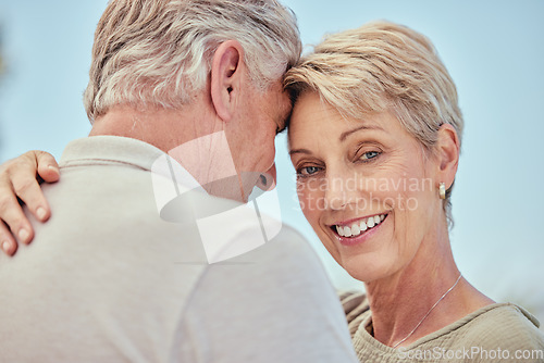 Image of Senior, elderly and couple smile with a hug, care and love together feeling happy. Portrait of woman and man in retirement smiling about relationship, marriage and happiness outdoor hugging