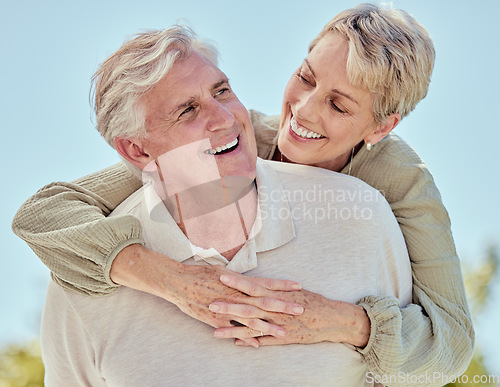 Image of Senior, couple and hug with happiness of elderly people loving retirement and love outdoor. Happy, marriage and smile of a wife and man together feeling care, commitment and happiness for anniversary