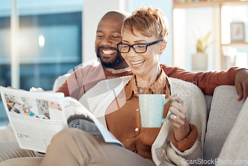 Image of Coffee, sofa and senior couple with newspaper reading story or article while drinking espresso. Black couple, tea and happy man and woman relax in house, enjoying quality time together and bonding.