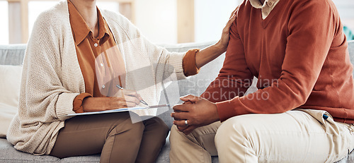 Image of Therapist woman clipboard, man closeup and listen, question and support for mental health. Psychologist conversation with black man, consultation for healthy mind and deal with anxiety or depression