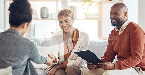 Image of Handshake, accountant or happy black couple with financial advisor for success investment, savings or house mortgage review. Finance or black woman and man shaking hands for invest budget planning