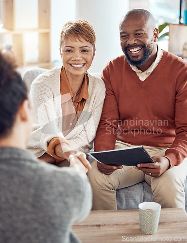Image of Consulting, planning and handshake with old couple and financial advisor for investment, insurance and retirement savings. Welcome, thank you and deal with man and woman for loan, mortgage or goals