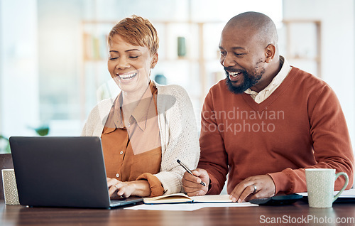 Image of Smile, black couple and laptop doing budget, check savings amount and investments together for retirement plan. Retired, mature man and senior woman confirm finances, being happy and laugh at home.