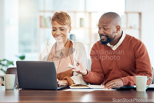 Image of Planning, finance and budget with black couple and laptop for investment, retirement savings or online payment. Accounting, insurance and mortgage with man and woman for tax, audit and loan review