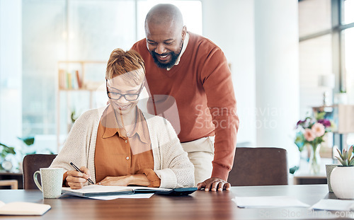 Image of Black couple, budget and check savings for investment, retirement plan and smile together. Man, woman and manage finance for retired years, banking for future and happy with money growth and profits.