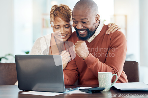 Image of Laptop, happy black couple investment winner for success, financial insurance or house mortgage loan review. Celebration, smile or black woman and man with happiness, online banking or home payment