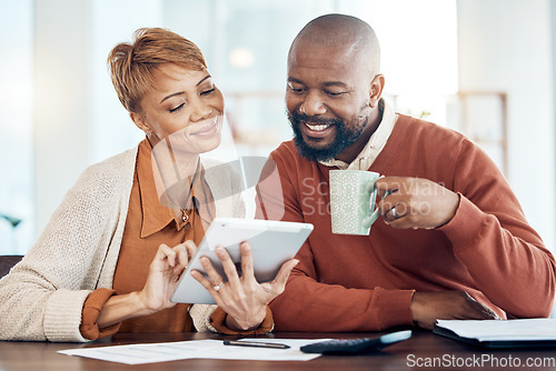 Image of Finance, tablet and black couple doing online banking in home to check bank statement, account and payment. Budget, accounting and middle aged man and woman with documents, paperwork and digital tech