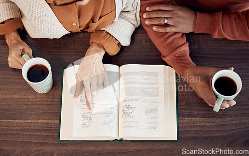 Image of Muslim, islamic quran and women hands drinking coffee in the morning with a worship and faith book. Above view of reading, hope text and information of friends together for spiritual and islam prayer