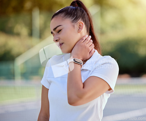 Image of Neck pain, tennis athlete and injury to muscle or nerve of woman player during training of competitive match, workout and game for exercise. Tennis player, bad sports fitness and body health wellness