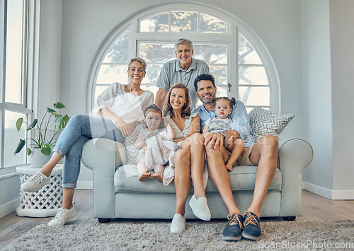 Image of Family, children and grandparents on a sofa in the living room of their home together during a visit. Kids, love and portrait with a mother, father and relatives sitting on a couch while bonding