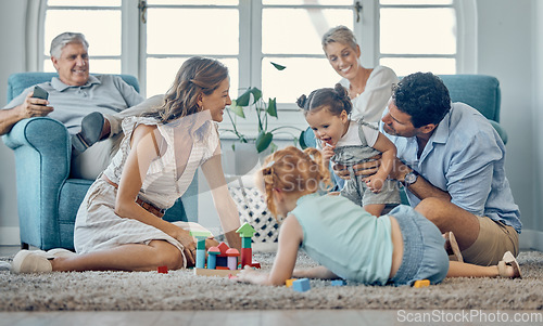 Image of Family, grandparents and children play on carpet together and relax for learning, teaching and home language development. Happy family, mother and father with kids games or puzzle for mindset growth